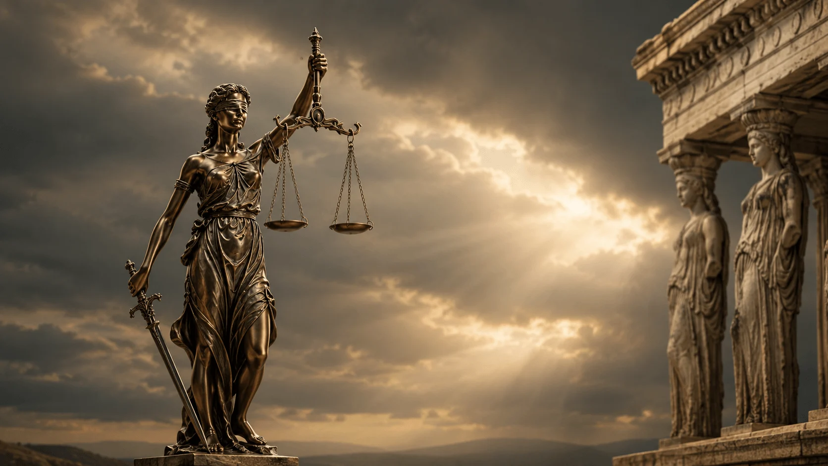 Άγαλμα της Θέμιδας με ζυγαριά και ξίφος μπροστά από τις Καρυάτιδες