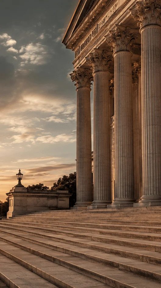 Νεοκλασικό κτίριο με κίονες και σκαλιά στο ηλιοβασίλεμα
